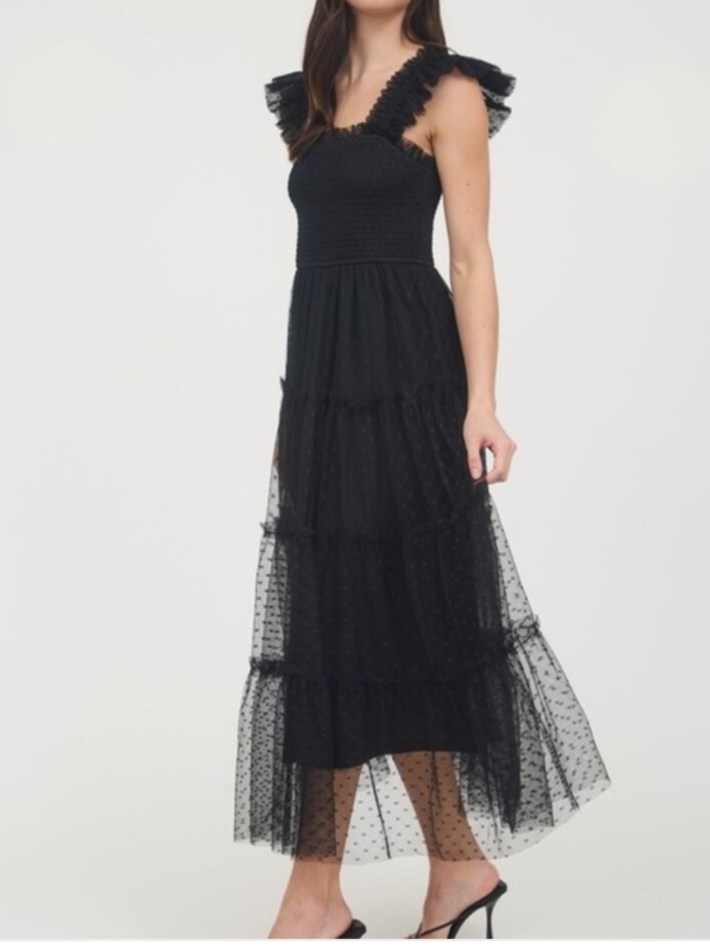 Blu Pepper black tiered polka dot chiffon smocked tiered smocked midi large